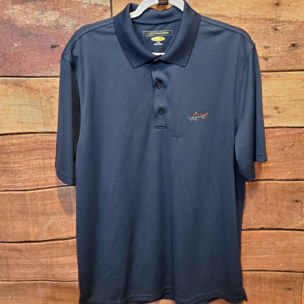Greg Norman Collection Navy Blue Short Sleeve Polo with Multicolor Shark Logo